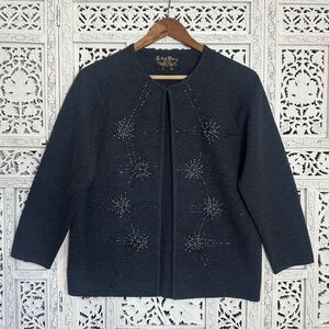 Vtg Helen‎ Wong 100% Wool Beaded Fairycore Open Cardigan Sz Medium